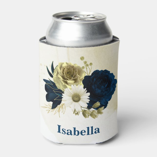 navy blue ivory gold flowers monogram can cooler (Can Front)