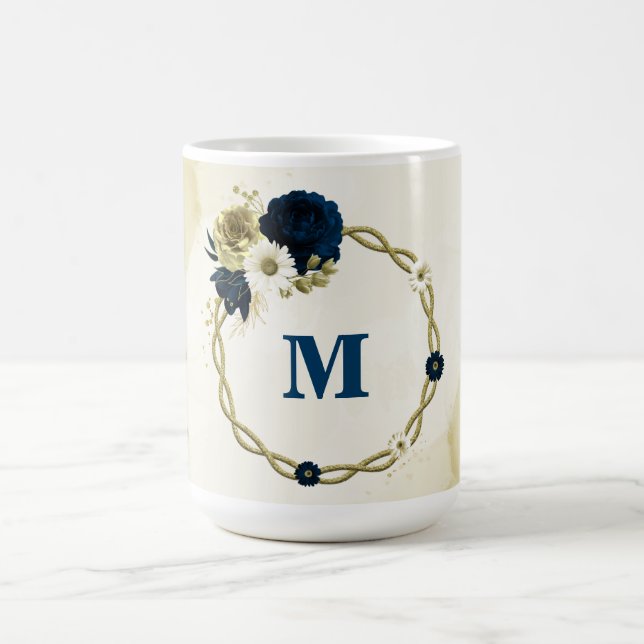 navy blue ivory gold flowers monogram coffee mug (Center)