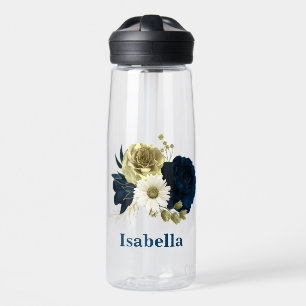 navy blue ivory gold flowers monogram water bottle