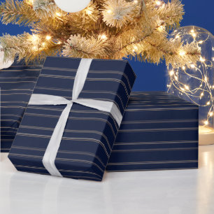 Navy Blue Ivory Gold Pinstripes Wrapping Paper