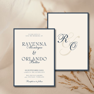 Navy Blue Ivory Monogram Glam Old Money Wedding Invitation