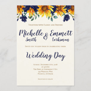 Navy Blue Ivory Rustic Country Sunflower Wedding Invitation