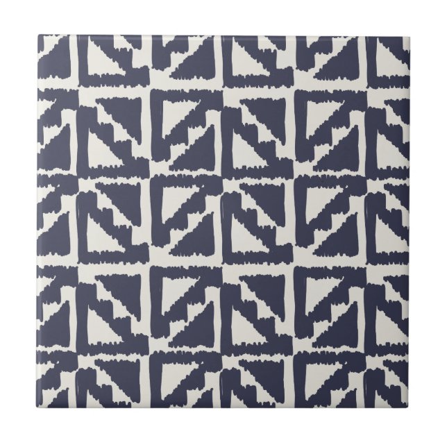 Navy Blue Ivory Tribal Print Ikat Triangle Pattern Ceramic Tile (Front)