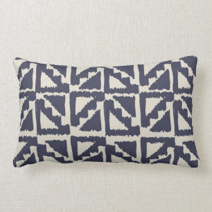Navy Blue Ivory Tribal Print Ikat Triangle Pattern Lumbar Cushion