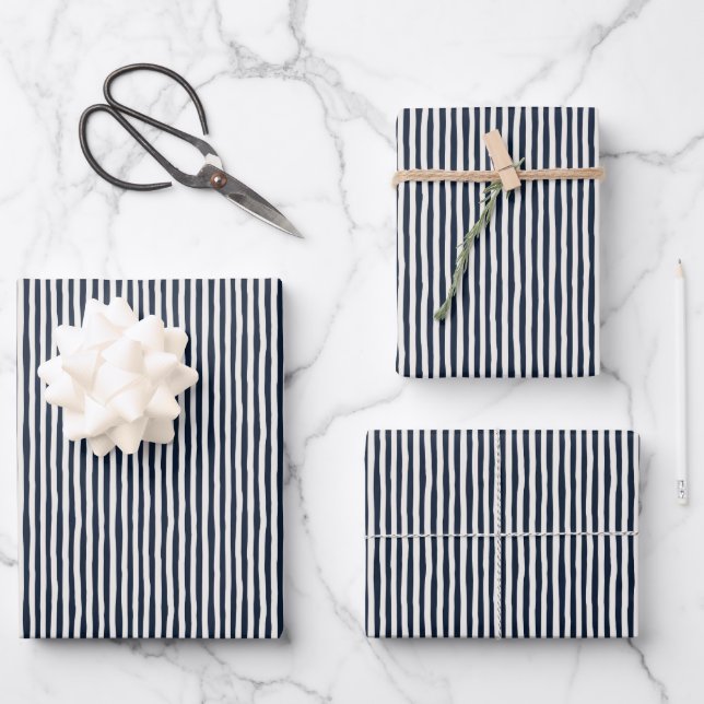 Navy Blue & Ivory Wonky Stripes Wrapping Paper Sheet (Front)