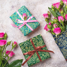 Navy Blue Jade Green Teal Gold Swirls Pattern Boho