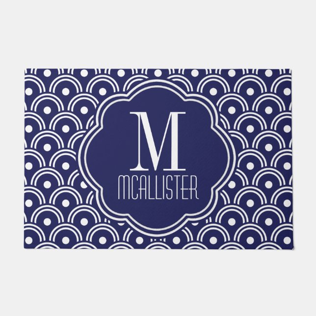 Navy Blue Japanese Style Pattern Personalised Doormat (Front)