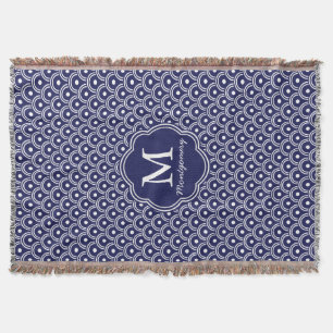 Navy Blue Japanese Waves Pattern - Personalised Throw Blanket