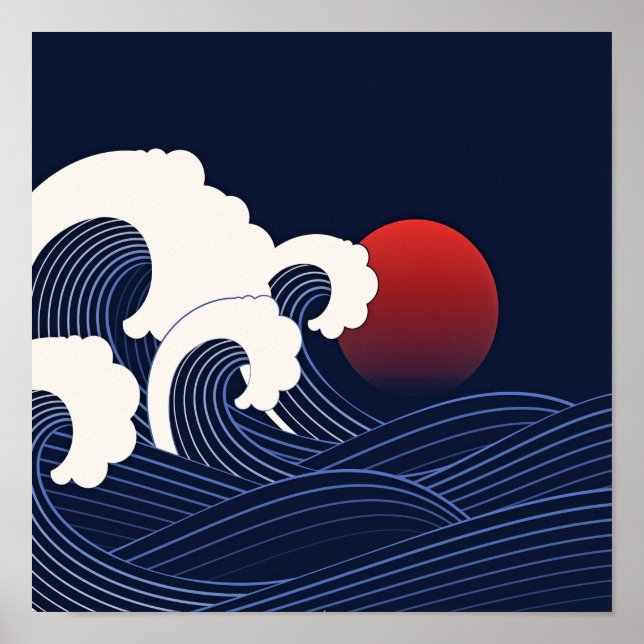 Navy Blue Japanese Waves with Red Moon Drawing Poster (Front)