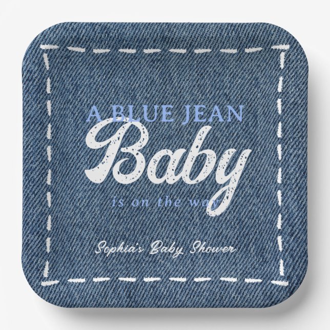 Navy Blue Jean Baby Boy Baby Shower Paper Plate (Front)