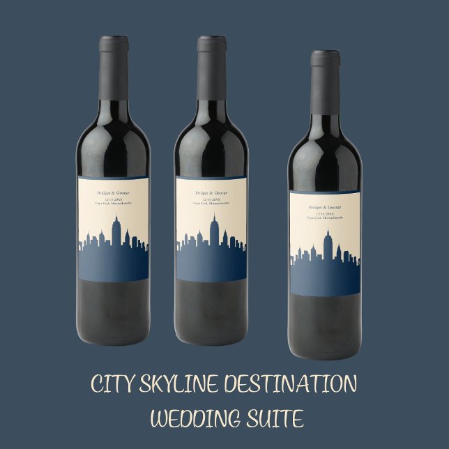 navy blue Jet Set city Skyline Destination Wedding Wine Label (Creator Uploaded)