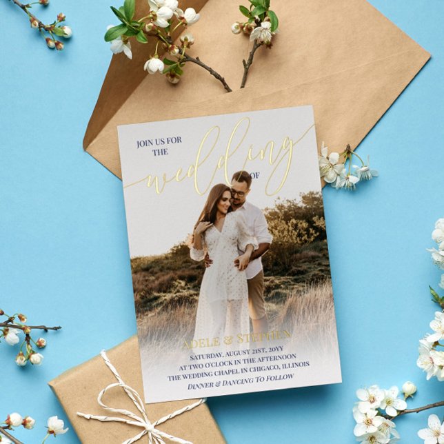 Navy Blue Join Us Gold Script Photo Wedding (Creator Uploaded)