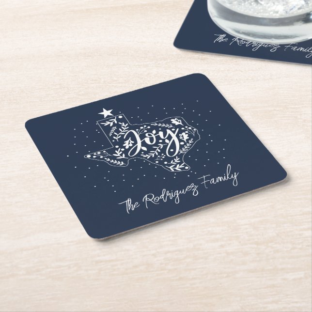 Navy Blue Joy Holiday Leaves Texas Shape Square Paper Coaster (Angled)