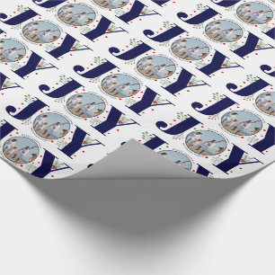 Navy blue JOY Merry Christmas holiday photo Wrapping Paper