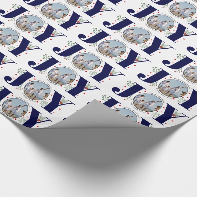 Navy blue JOY Merry Christmas holiday photo Wrapping Paper (Corner)