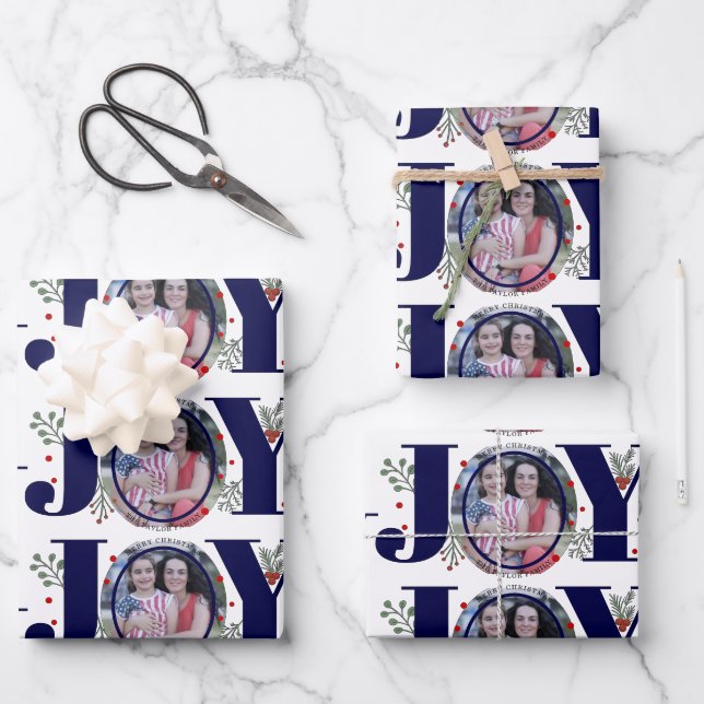 Navy blue Joy with berries Christmas holiday photo Wrapping Paper Sheet (Front)
