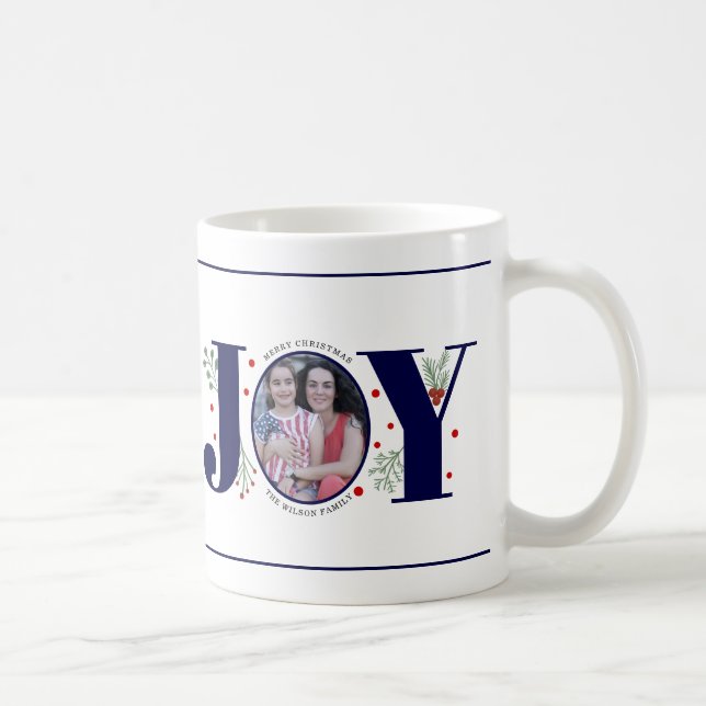 Navy blue Joy with berries Christmas photo Coffee Mug (Right)