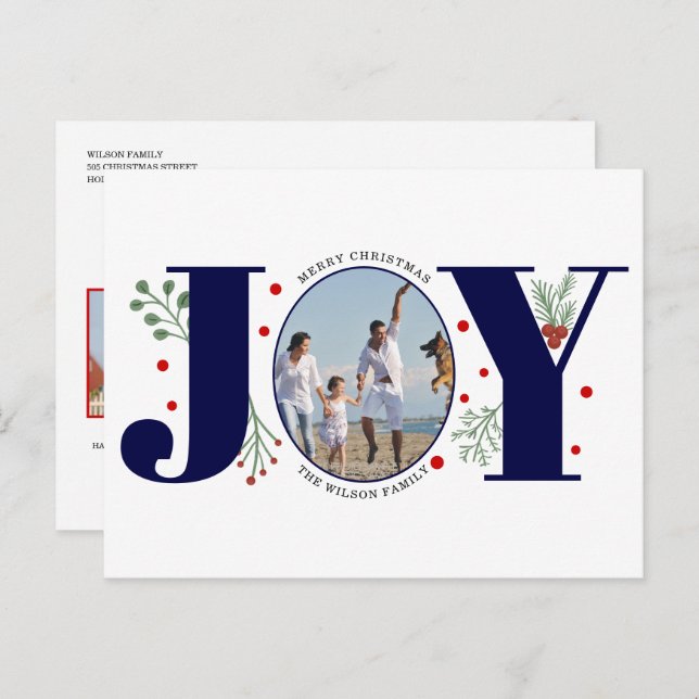 Navy blue Joy with berries Christmas photo Holiday Postcard (Front/Back)