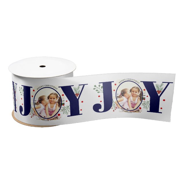 Navy blue Joy with berries Christmas photo Satin Ribbon (Spool)