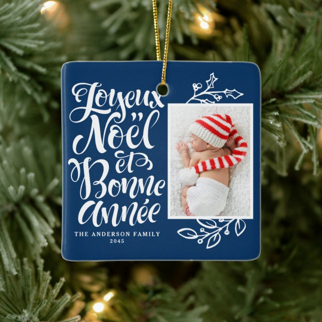 Navy Blue Joyeux Noël and Bonne Année Photo Ceramic Ornament (Tree)