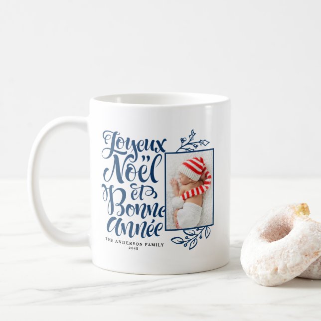 Navy Blue Joyeux Noël and Bonne Année Photo Coffee Mug (With Donut)