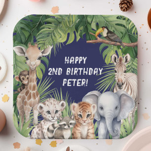 Navy blue Jungle Animal Themed Safari 2nd Birthday Paper Plate