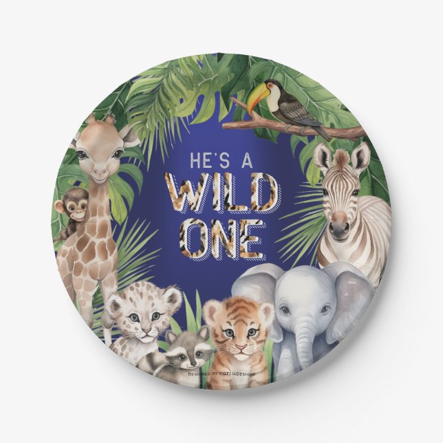 Navy BLue Jungle Animals Hes a Wild One snacks Paper Plate (Front)