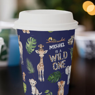 Navy Blue, Jungle animals, Safari 1st birthday Paper Cups