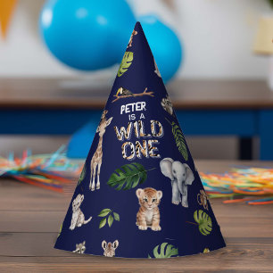 Navy Blue Jungle Animals Wild One 1st birthday Party Hat