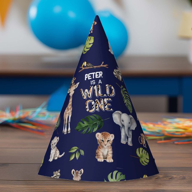 Navy Blue Jungle Animals Wild One 1st birthday Party Hat (Navy Blue, WIld ONe Jungle animals boy 1st birthday party hat)