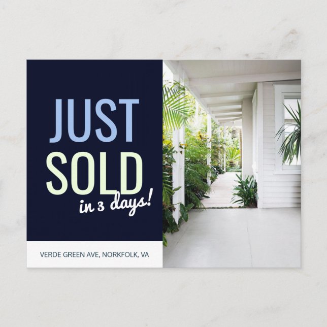 Navy blue Just sold real estate advert template Postcard (Front)
