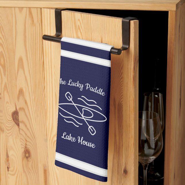 Navy Blue Kayak Monogram Name Lake house Tea Towel (Thirds Fold)