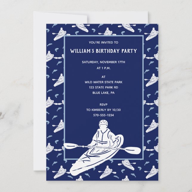 Navy Blue Kayak Pattern Kayaking Themed Party Invitation (Front)