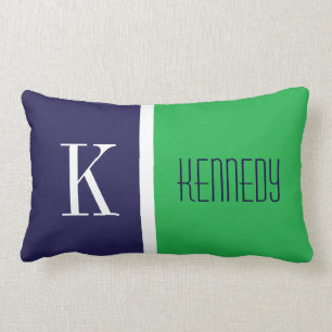 Navy Blue Kelly Green Colour Block Stripe Monogram Lumbar Cushion
