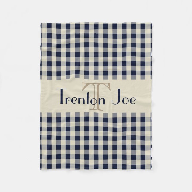 Navy Blue Khaki Check Pattern Monogram Name Boys Fleece Blanket (Front)