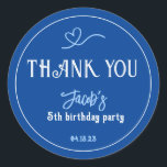 Navy Blue Kids Birthday Party Thank You Classic Round Sticker<br><div class="desc">Lovely blue birthday thank you sticker with heart drawing. Personalise it with your name,  number of years and birthday party date.</div>