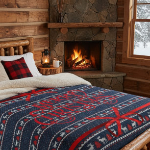 Navy Blue Knit-Style Red Ribbon Merry Christmas Sherpa Blanket