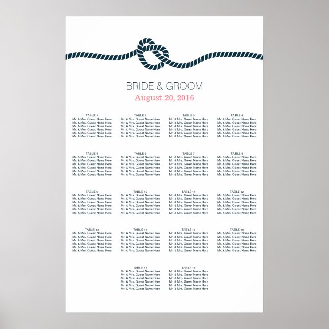 Navy Blue Knot 18 Tables Wedding Seating Chart (Front)