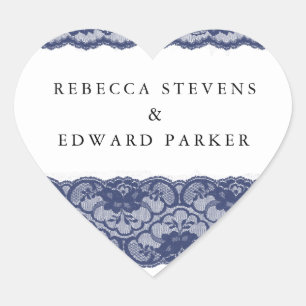 Navy Blue Lace Elegant Modern Wedding Heart Sticker