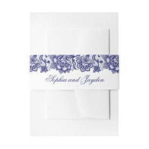 Navy Blue Lace Elegant Wedding Invitation Belly Band