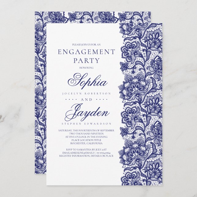 Navy Blue Lace Elegant White Engagement Party Invitation (Front/Back)