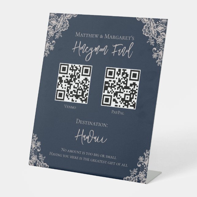 Navy Blue & Lace Honeymoon Fund Wedding QR Pedestal Sign (Front)