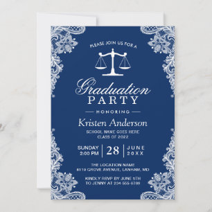 Navy Blue Lace Law School Student Graduation Photo Invitation