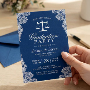 Navy Blue Lace Law School Student Graduation Photo Invitation
