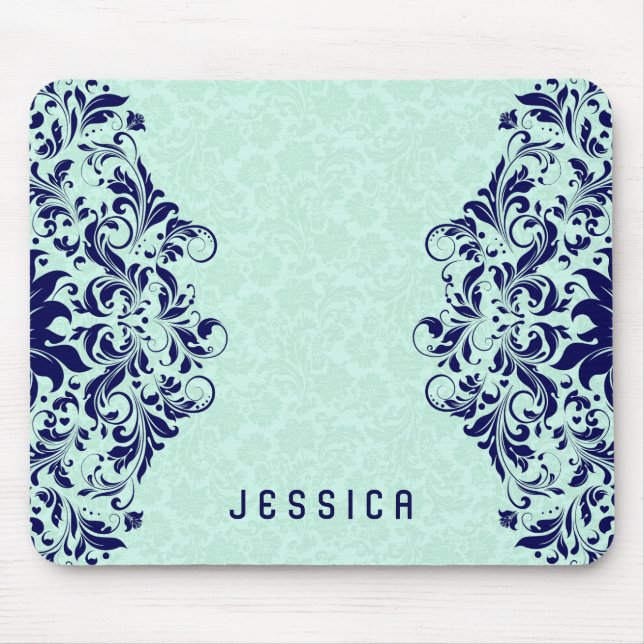 Navy Blue Lace Mint Green Damasks Mouse Pad (Front)