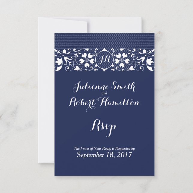 Navy Blue Lace Monogram Wedding RSVP (Front)