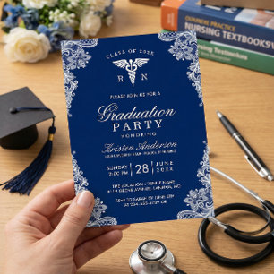 Navy Blue Lace Nursing School Graduation Party Invitation