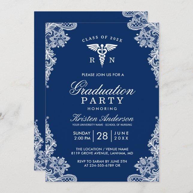 Navy Blue Lace Nursing School Graduation Party Invitation (Front/Back)