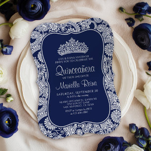 Navy Blue Lace Quinceañera Invitation