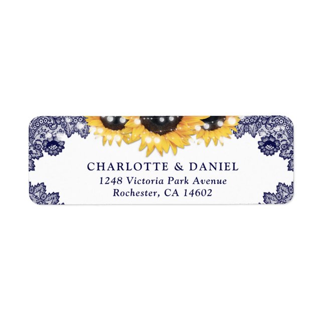 Navy Blue Lace Rustic Sunflower Return Address Label (Front)